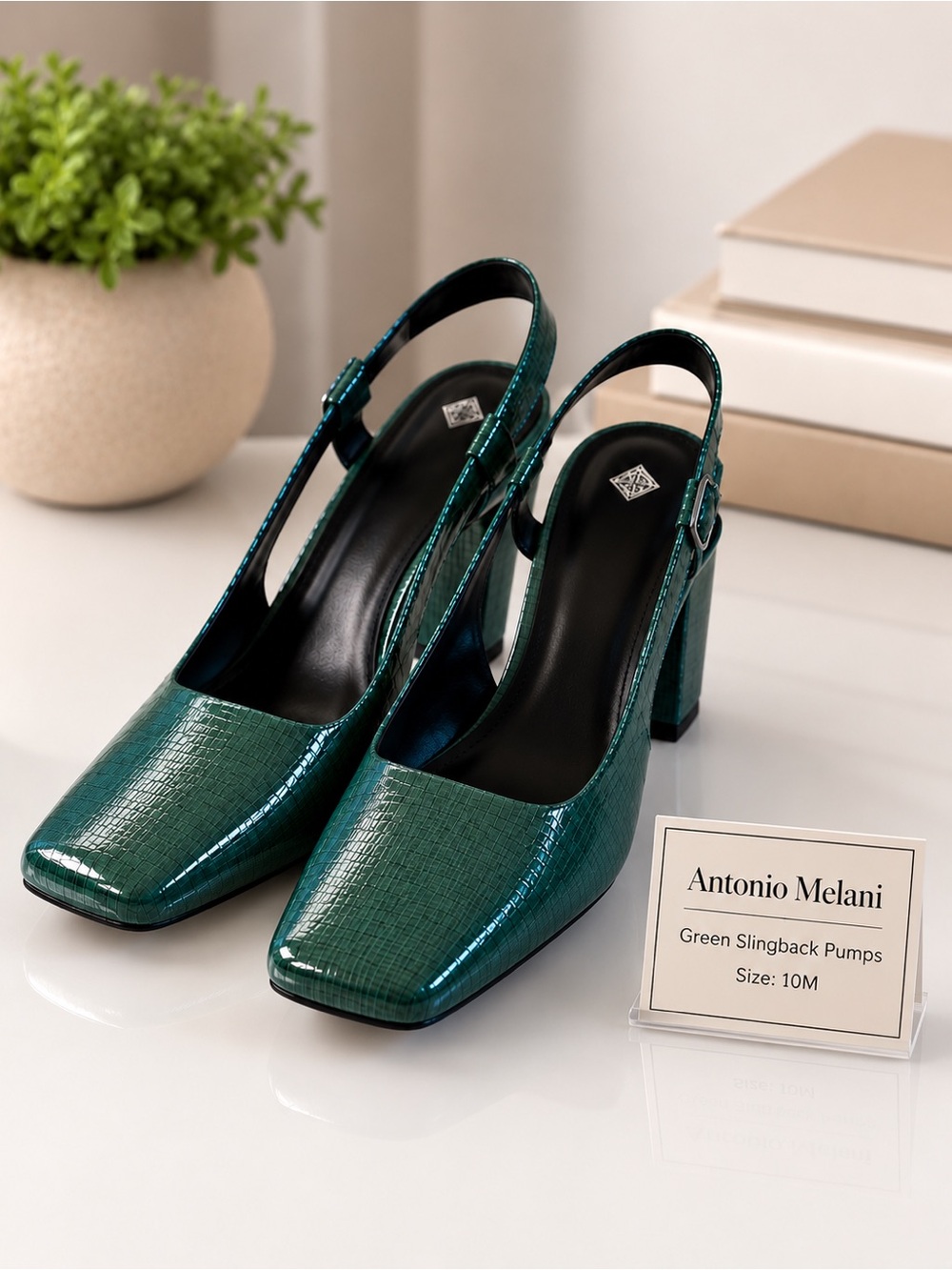 Antonio Melani Green Textured Slingback Pumps Block Heel Square Toe Size 10M